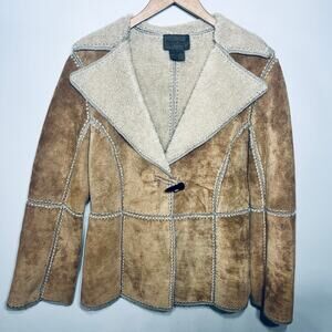 Brandon Thomas VTG Y2K Coat Brown Suede Leather Fleece Lined Toggle Button M